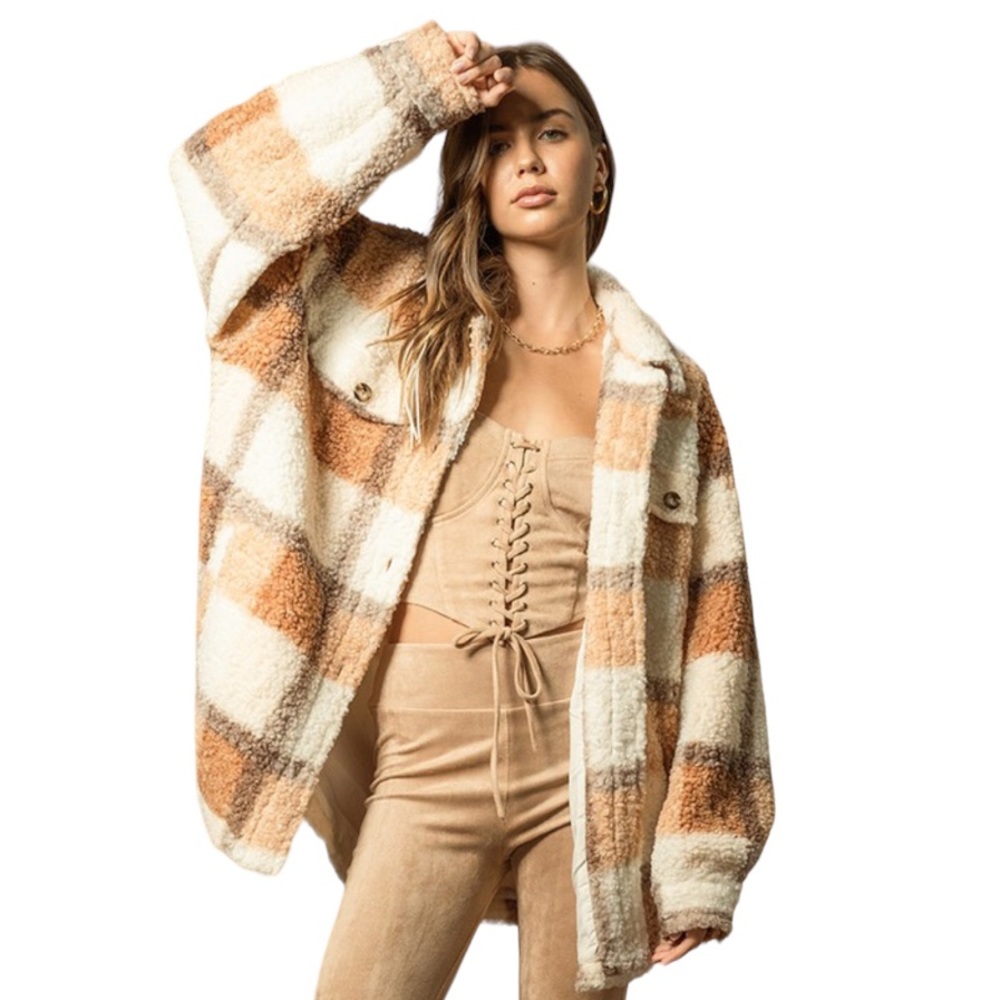 ILLA ILLA Checkered Teddy Jacket - Cream and Tan
